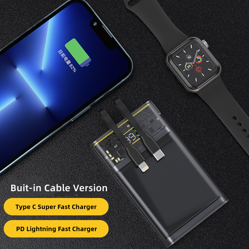 Cyberpunk Transparent Led Câble Intégré 22.5w Pd Charge Rapide 10000 20000 Mah Banque Alimentation Mobile 
