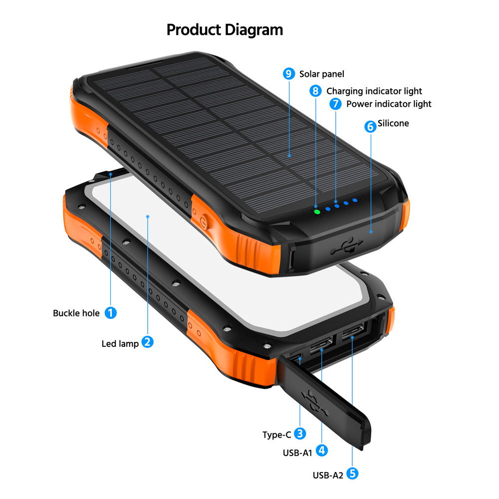Batterie externe étanche portable avec chargeur solaire de lampe de poche latérale 16000mah chargeur de téléphone de banque d'alimentation solaire